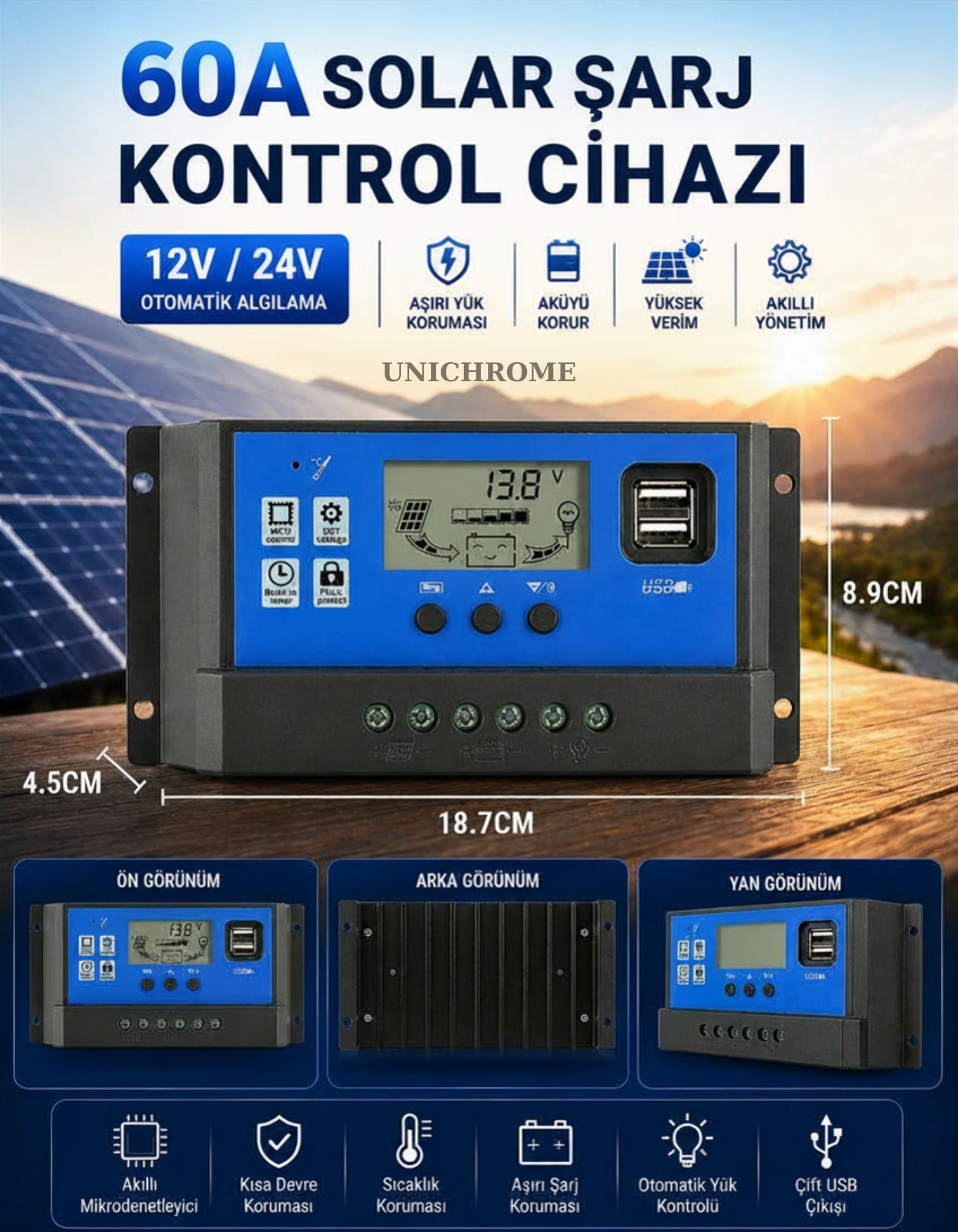 Orijinal 60A Solar Güneş Paneli Akü Şarj Kontrol Cihazı Pwm 12v-24v