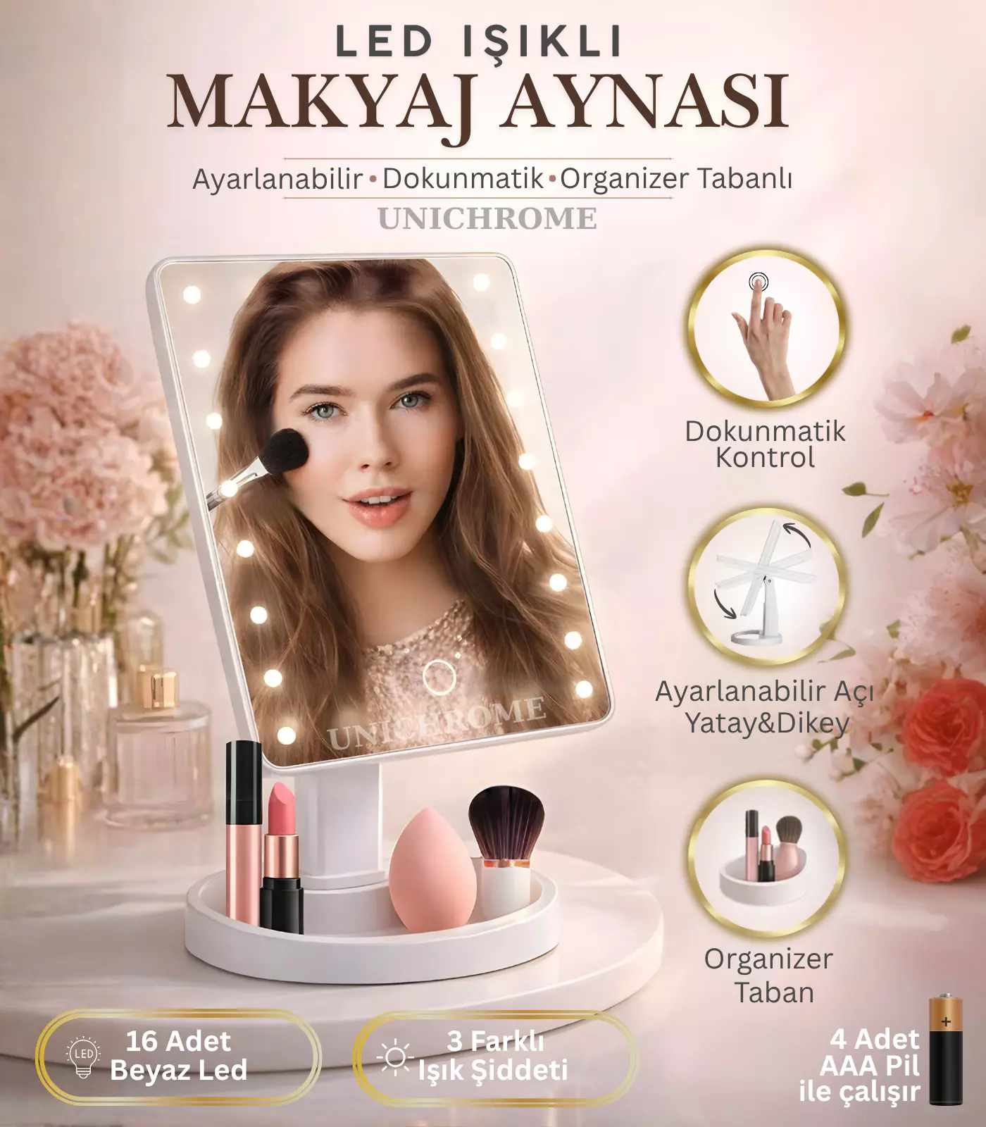Pilli Dokunmatik Led Işıklı Masa Üstü Makyaj Aynası Dikdörtgen