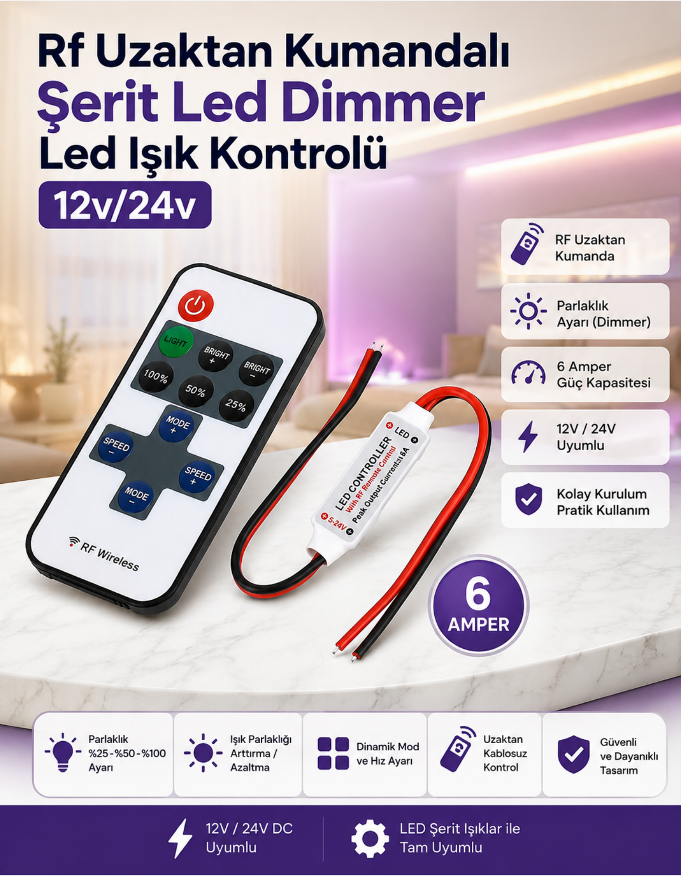 RF Uzaktan Kumandalı Şerit Led Dimmer LED Işık Kontrolü 12V/24V