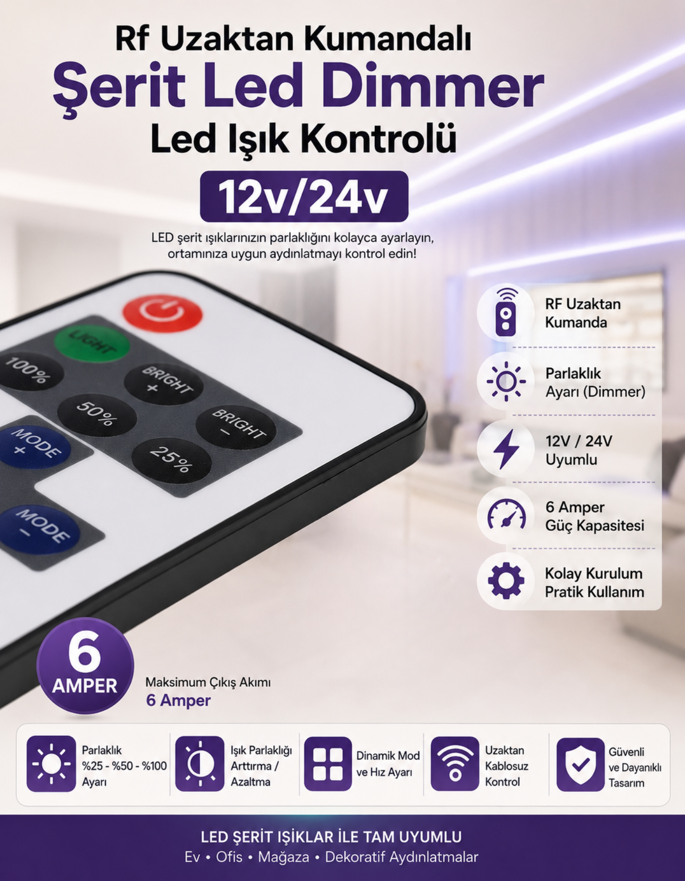 RF Uzaktan Kumandalı Şerit Led Dimmer LED Işık Kontrolü 12V/24V