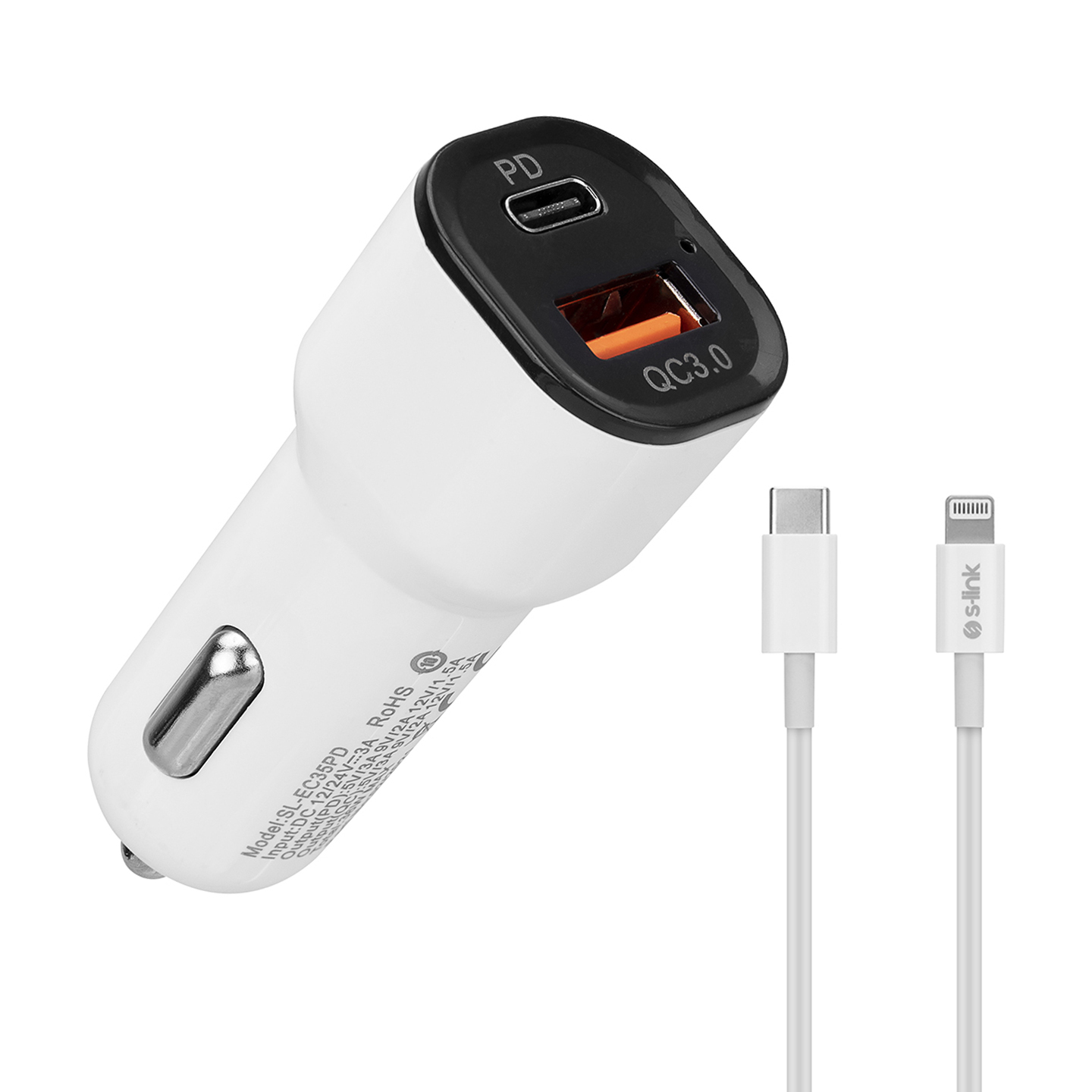 S-link SL-EC35PD 36W PD 3.0 Lightning PD Kablo 3.4A Hızlı Şarj PD 18W + USB QC3.0 Beyaz Araç Şarj Ci