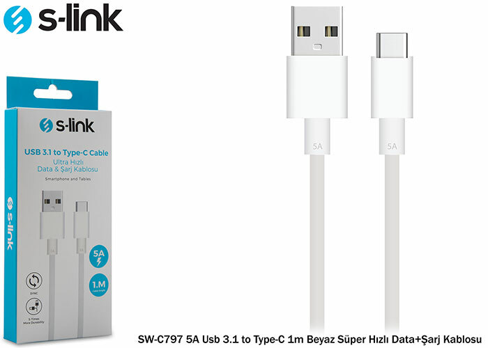S-LINK SW-C797 5A USB 3.1 TO TYPE-C 1M BEYAZ SUPER HIZLI DATA+SARJ KABLOSU
