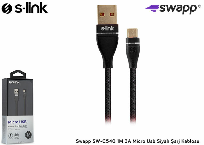 S-LINK SWAPP SW-C540 1M 3A MICRO USB SIYAH SARJ KABLOSU