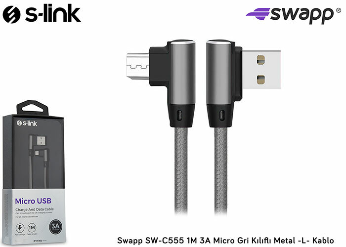 S-LINK SWAPP SW-C555 1M 3A MICRO GRI KILIFLI METAL -L- KABLO