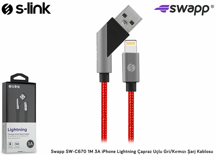 S-LINK SWAPP SW-C670 1M 3A IPHONE LIGHTNING CAPRAZ UCLU KIRMIZI/GRI SARJ KABLOSU