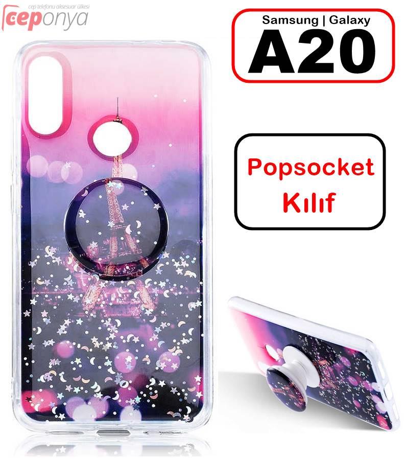 Samsung Galaxy A20 Renkli Popsoket Standlı Silikon Kılıf