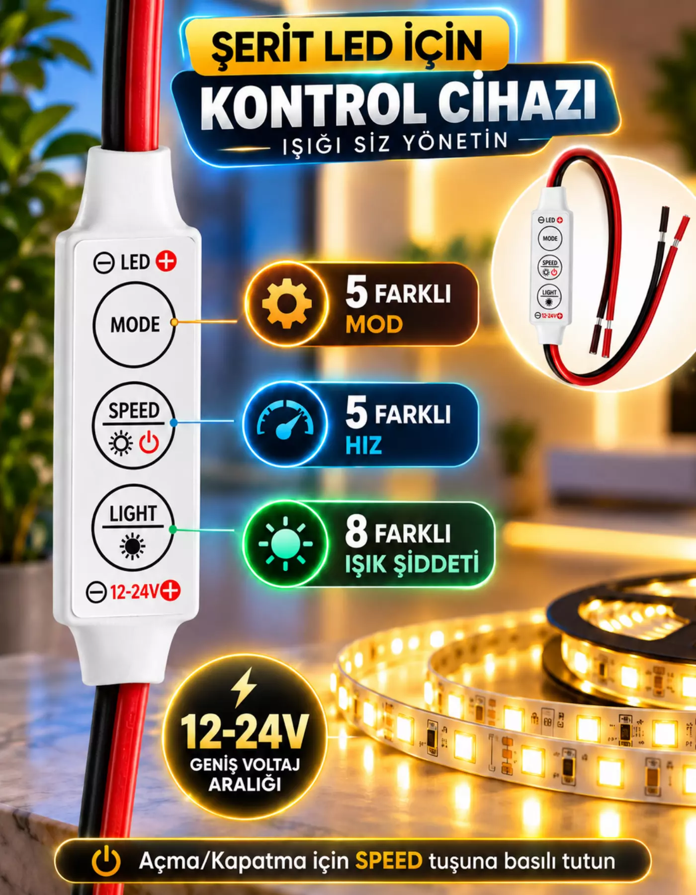 Şerit Led Dimmer Kontrol Devresi Modül 12V 24V