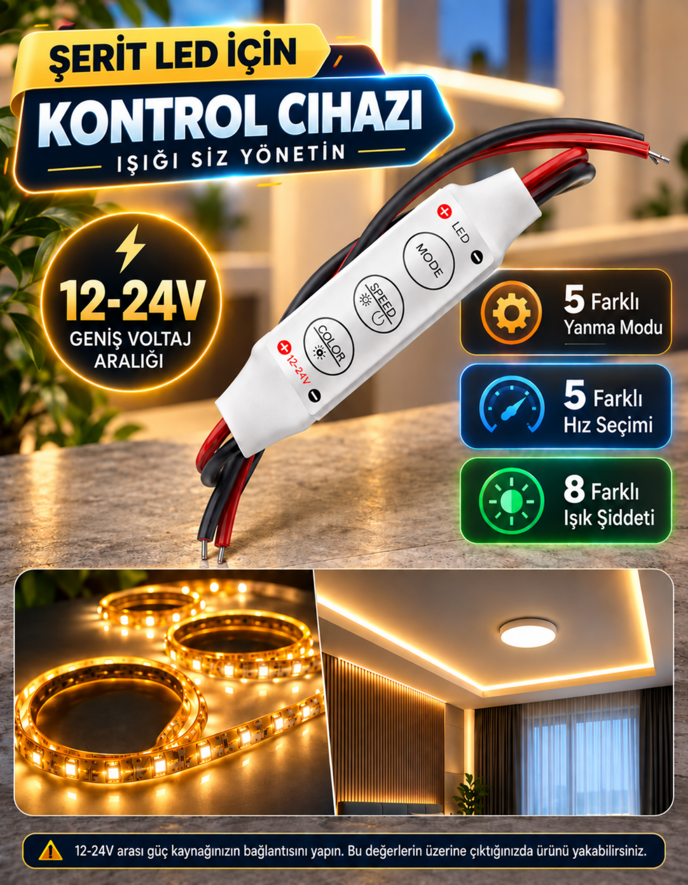 Şerit Led Dimmer Kontrol Devresi Modül 12V 24V
