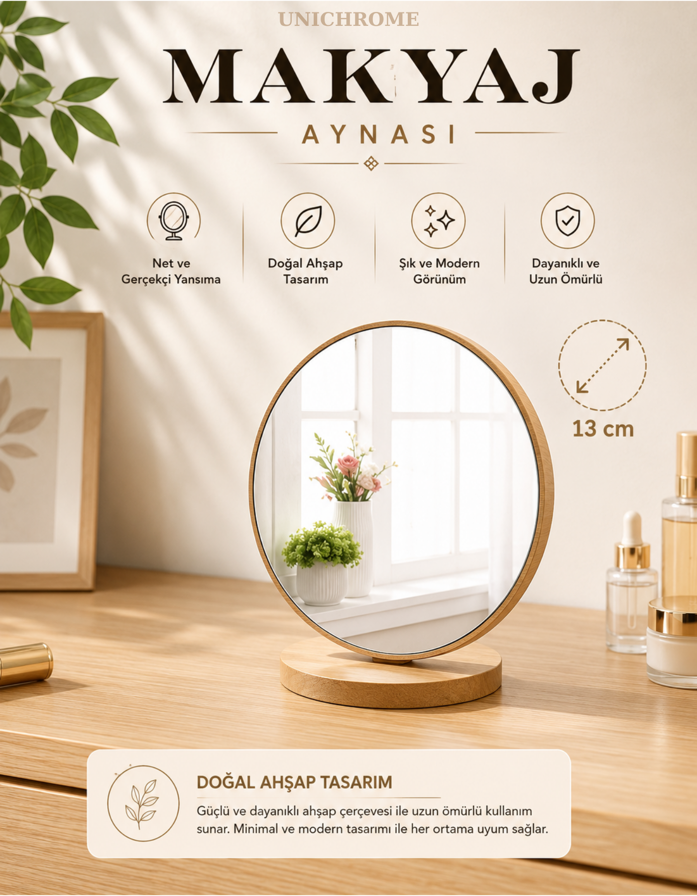 Şık Tasarım Menteşeli Eğimi Ayarlanabilir 13 cm Yuvarlak Masaüstü Ahşap Makyaj Aynası