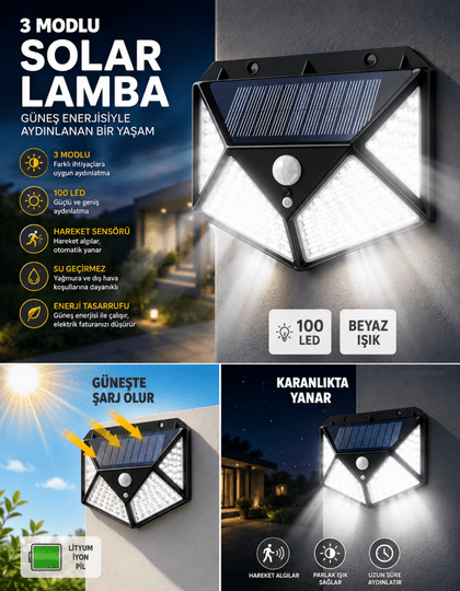 100 LED Solar PIR Hareket Sensörlü Su Geçirmez Duvar Lambası IP65