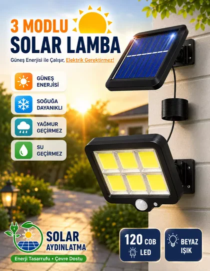 120 COB LED Solar Panel Güneş Enerjili 3 MOD Duvar Lambası Bahçe