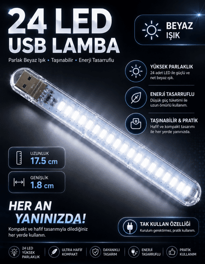24 Led Beyaz Taşınabilir Mini Usb Led Lamba 5730 Smd Kamp Stick Led