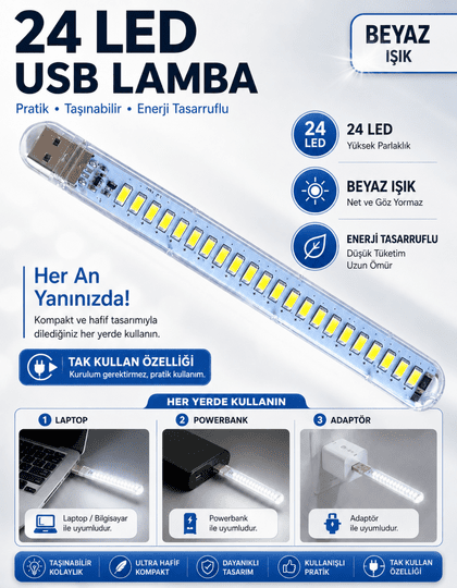 24 Led Beyaz Taşınabilir Mini Usb Led Lamba 5730 Smd Kamp Stick Led