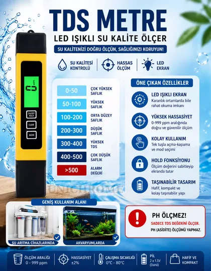 3 in 1 TDS Sıcaklık ve iletkenlik Metre LED Işıklı Su Kalite Analiz Cihazı