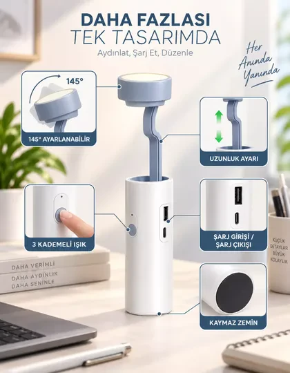 3 Kademe Işıklı Çok Fonksiyonlu Masa Lambası Powerbank Telefon Standı Fener 4in1 1200mAh