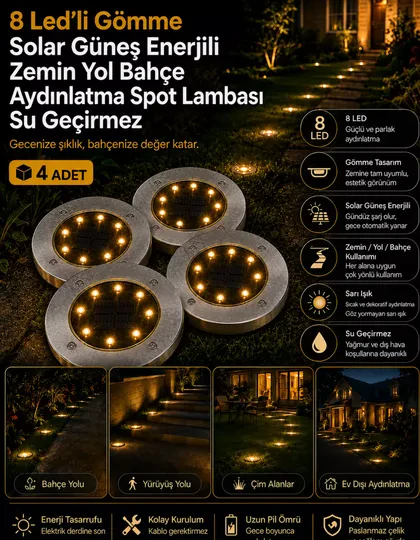 4 Adet 8 LED'li Gömme Solar Güneş Enerjili Zemin Yol Bahçe Aydınlatma Spot Lambası Su Geçirmez