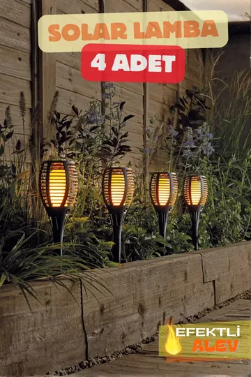 4 Adet Alev Efektli Meşale Solar Led Güneş Enerjili Bahçe Lambası Aydınlatması Armatür 50 Cm