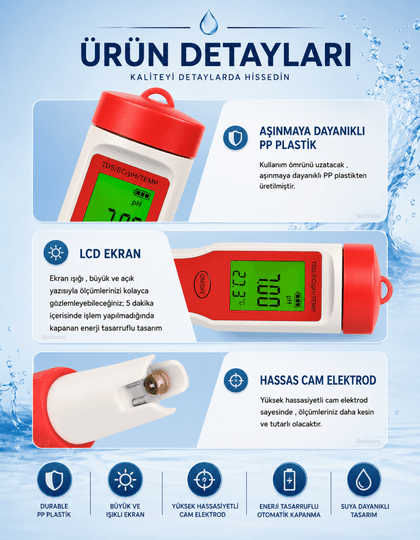 4 in 1 PH EC TDS Sıcaklık Ölçer LED Su Kalite Test Ölçüm Cihazı