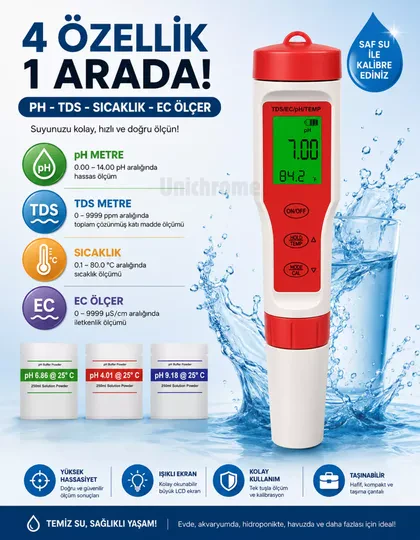 4 in 1 PH EC TDS Sıcaklık Ölçer LED Su Kalite Test Ölçüm Cihazı