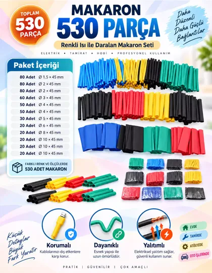 530 Parça Heat Shrink Makaron Daralan Kablo Tamir Seti
