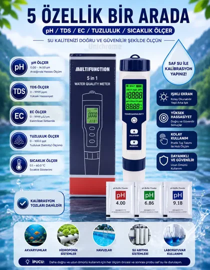 5in1 Dijital PH/TDS/EC/Tuzluluk/Sıcaklık Metre Işıklı Test Cihazı İletkenlik Kalem Model