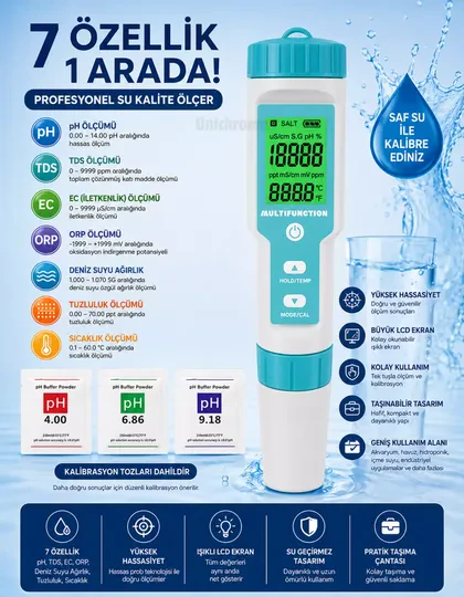 7in1 PH/TDS/EC/ORP/Deniz Suyu Ağırlık/Tuzluluk/Sıcaklık c-600 PH Ölçer Su Kalitesi Monitörü