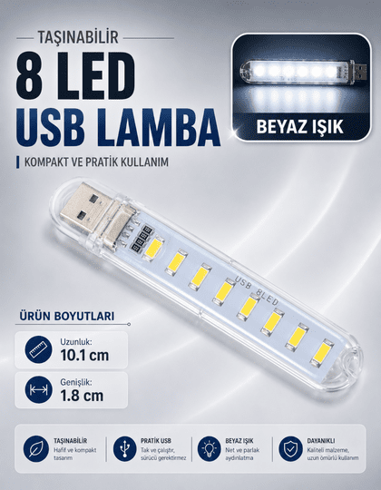 8 Led Beyaz Taşınabilir Mini Usb Led Lamba 5730 Smd Kamp Stick Led