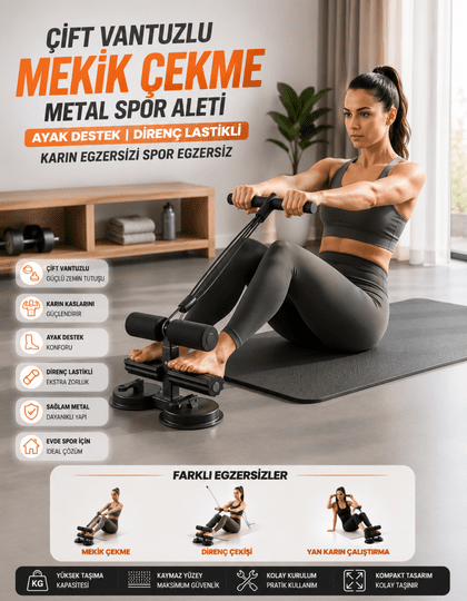 Çift Vantuzlu Mekik Çekme Metal Spor Aleti Ayak Destek Direnç Lastikli Karın Egzersizi Spor Egzersiz