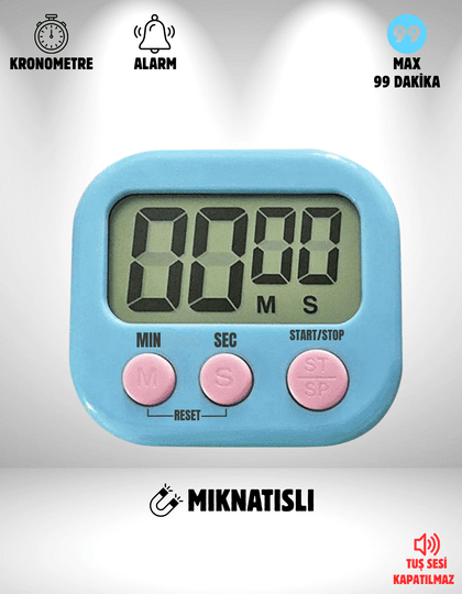 Dijital Ekranlı Alarmlı Mıknatıslı Mutfak Zamanlayıcı Fırın Timer Mavi