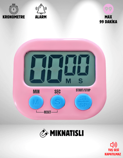 Dijital Ekranlı Alarmlı Mıknatıslı Mutfak Zamanlayıcı Fırın Timer Pembe