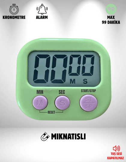 Dijital Ekranlı Alarmlı Mıknatıslı Mutfak Zamanlayıcı Fırın Timer Yeşil
