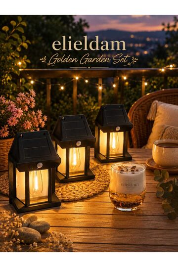 Elieldam Bahçe ve Balkon İçin Solar Güneş Enerjili Fener Seti ve Doğal Soya Wax Mum, Golden Bahçe Balkon Seti