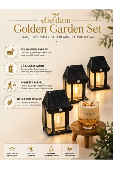 Elieldam Bahçe ve Balkon İçin Solar Güneş Enerjili Fener Seti ve Doğal Soya Wax Mum, Golden Bahçe Balkon Seti