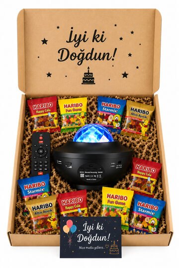 Elieldam Doğum Günü Özel Gün Galaksi Gece Lambası 21 Işık Gösterisi + Haribo Jelibonlu