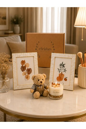 Elieldam Doğum Günü, Özel Gün, Yeni Ev, Yeni İş Hediyesi Soya Wax Mum, Çerçeve ve Ayıcık Figürlü Anahtarlık Seti