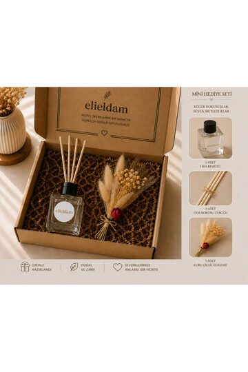 Elieldam Doğum Günü, Özel Gün, Yeni İş Hediyesi 50ml Oda Kokusu ve Kuru Çiçek Süslemeli Hediye Seti