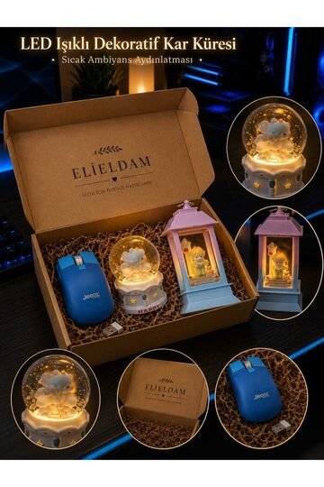 Elieldam Doğum Günü, Özel Gün, Yeni İş Hediyesi Kablosuz Mouse ve LED Işıklı Kar Küresi 3'lü Hediye Seti