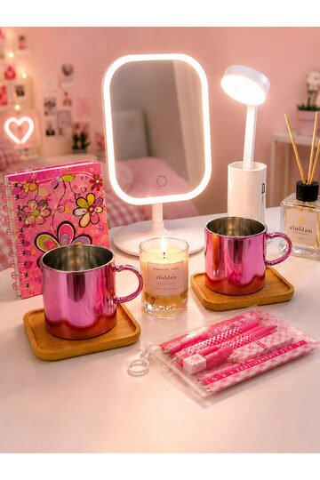 Elieldam Doğum Günü, Özel Gün, Yeni İş Hediyesi Pembe LED Aynalı, Fincan Setli, Mumlu, Powerbank'lı Fener 7'li Hediye Seti