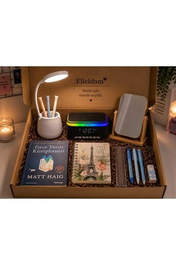 Elieldam Doğum Günü, Özel Gün, Yeni İş Hediyesi RGB Alarmlı Saat Hoparlör, Masa Lambası, Ahşap Ayna, Gece Yarısı Kütüphanesi Kitaplı 6'lı Hediye