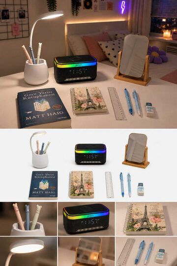 Elieldam Doğum Günü, Özel Gün, Yeni İş Hediyesi RGB Alarmlı Saat Hoparlör, Masa Lambası, Ahşap Ayna, Gece Yarısı Kütüphanesi Kitaplı 6'lı Hediye