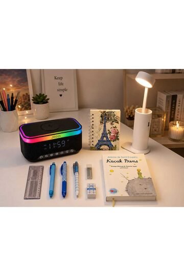 Elieldam Doğum Günü, Özel Gün, Yeni İş Hediyesi RGB Alarmlı Saat Hoparlör, Powerbank'lı Masa Lambası, Küçük Prens Kitaplı 5'li Hediye