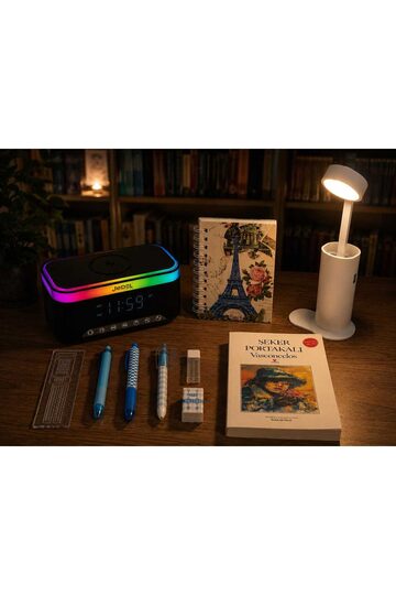 Elieldam Doğum Günü, Özel Gün, Yeni İş Hediyesi RGB Alarmlı Saat Hoparlör, Powerbank'lı Masa Lambası, Şeker Portakalı Kitaplı 5'li Hediye