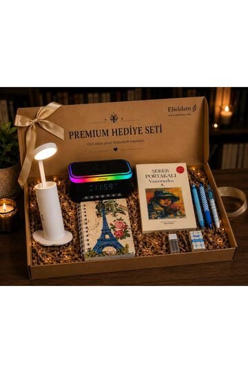 Elieldam Doğum Günü, Özel Gün, Yeni İş Hediyesi RGB Alarmlı Saat Hoparlör, Powerbank'lı Masa Lambası, Şeker Portakalı Kitaplı 5'li Hediye