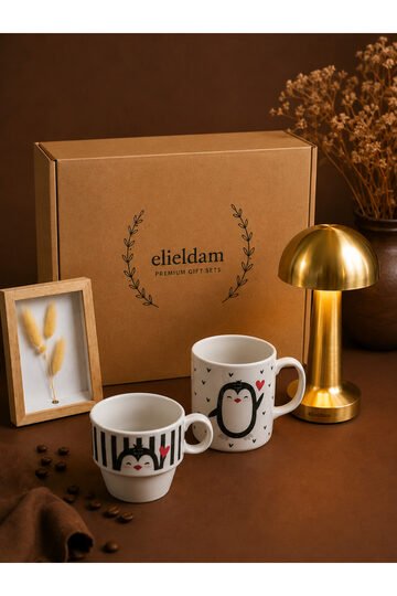 Elieldam Doğum Günü, Özel Gün, Yeni İş Hediyesi Şarjlı Mantar Masa Lambası & Penguen Kupa & Ahşap Makyaj Aynası 4'lü Hediye Seti