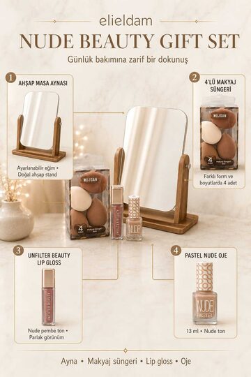 Elieldam Doğum Günü, Özel Gün, Yeni İş, Sevgiliye Hediye Ayna, Makyaj Süngeri, Lip Gloss ve Oje Premium Set