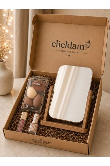 Elieldam Doğum Günü, Özel Gün, Yeni İş, Sevgiliye Hediye Ayna, Makyaj Süngeri, Lip Gloss ve Oje Premium Set
