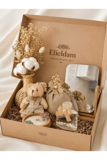 Elieldam Doğum Günü, Özel Gün, Yeni İş, Sevgiliye Hediye Vazo, Ayna, Mum, Kolonya ve Ayıcıklı Anahtarlık ile Premium Hediye Seti