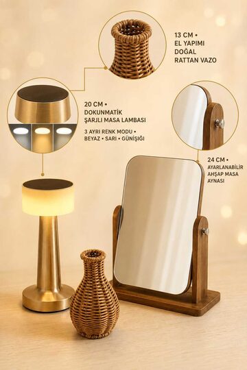 Elieldam Doğum Günü, Özel Gün, Yeni İş, Sevgiliye Hediye, Yeni Ev Hediyesi Masa Lambası, Ayna ve Rattan Vazo Premium Set