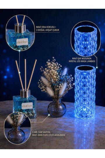 Elieldam Doğum Günü, Özel Gün, Yeni İş, Sevgiliye Hediye, Yeni Ev Hediyesi Oda Kokusu, Vazo ve Kristal LED Lamba Premium Set