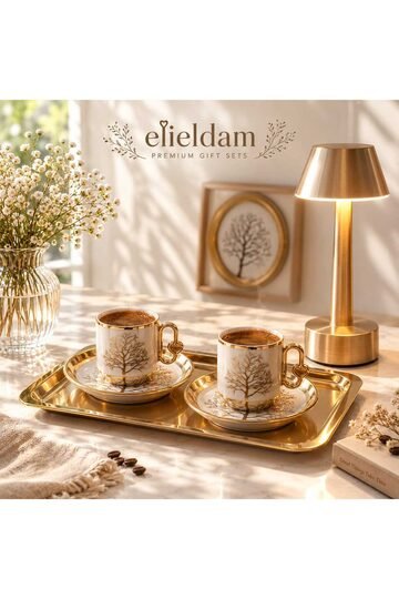 Elieldam Doğum Günü, Özel Gün, Yeni İş, Yeni Ev Hediyesi Ağaç Desenli Porselen Fincan ve Metal Masa Lambası Seti
